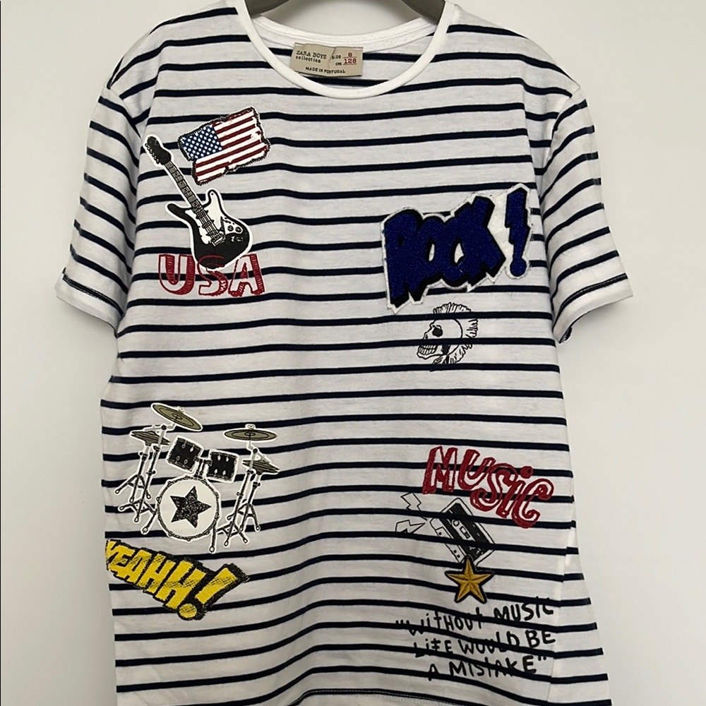 Zara Stripped Short Sleeve Tees with Rock & Roll Graphics